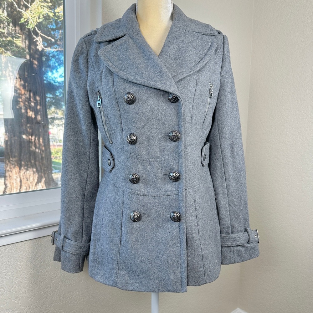 MISS SIXTY Double Breasted Wool Blend Pea Coat Womens S Grey Military Style Moto